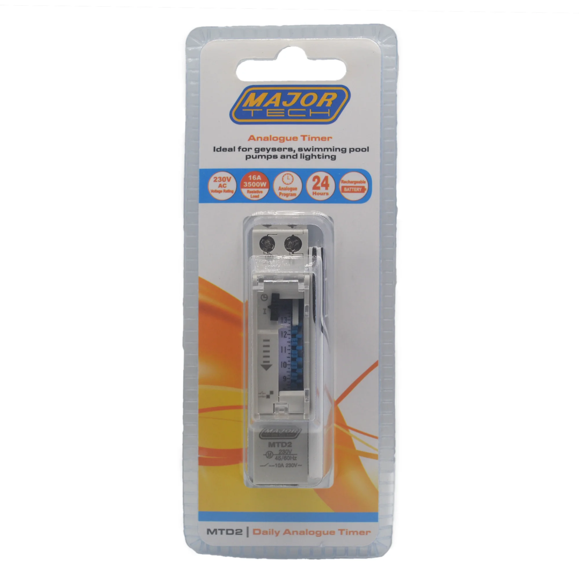 Major Tech MTD2 24-Hour Analogue DIN-Rail Timer (16A, 96 Pins, 100h Backup)