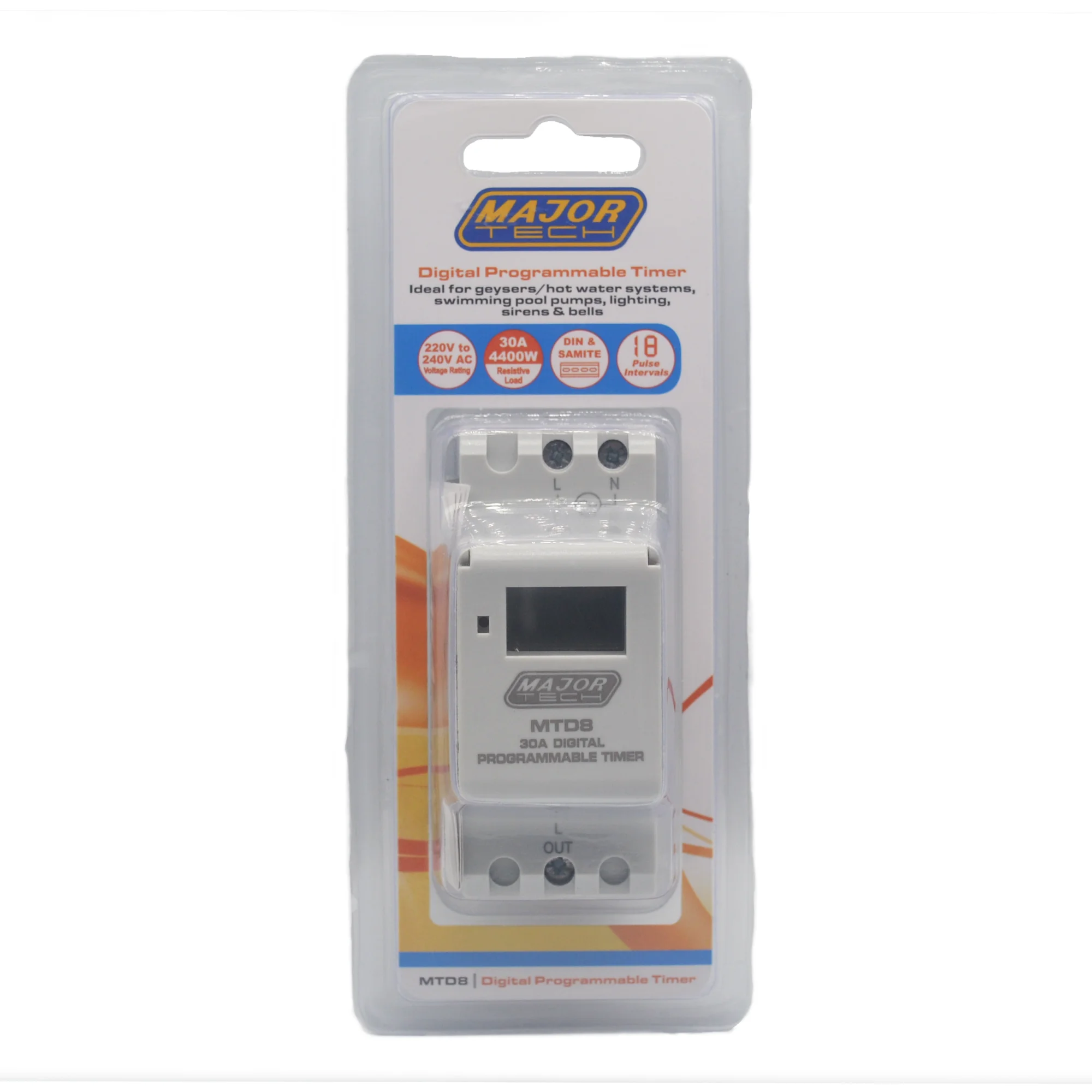 Major Tech MTD8 30A Digital Programmable Timer (16 ON/OFF, DIN Rail)