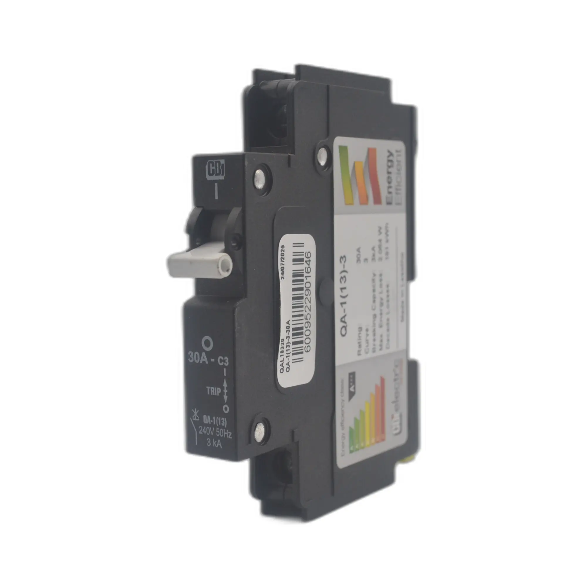 CBI CQA2130 QA(13) 30A 1-Pole 3 kA Mini-Rail Circuit Breaker, Curve 3 (240 Vac)
